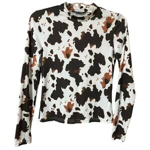 Cow Print Long Sleeve Mesh Top Women’s Size M Western Y2K Statement Shirt